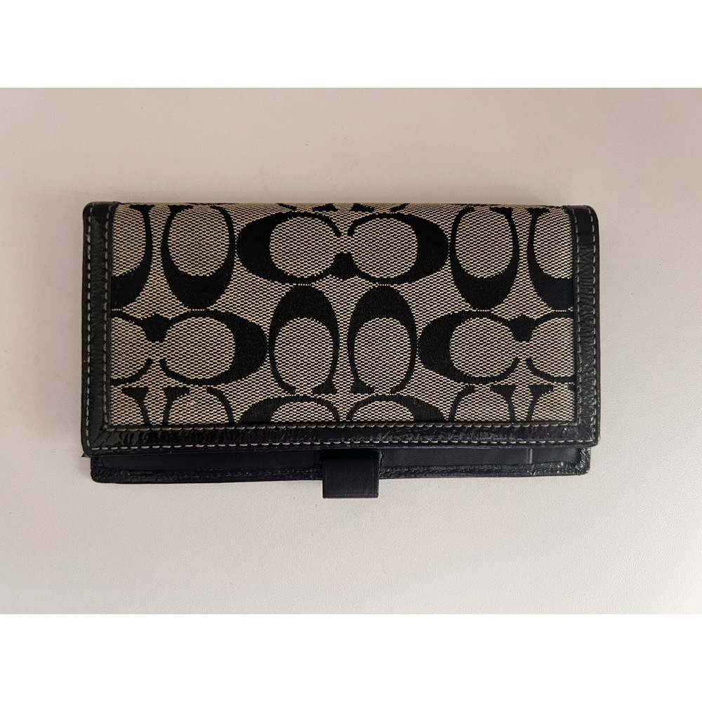 Coach Signature Jacquard Checkbook Cover Black Grey Leather Trim Monogram Bifold
